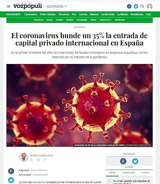 El coronavirus hunde un 35% la entrada de capital privado internacional en Espaa